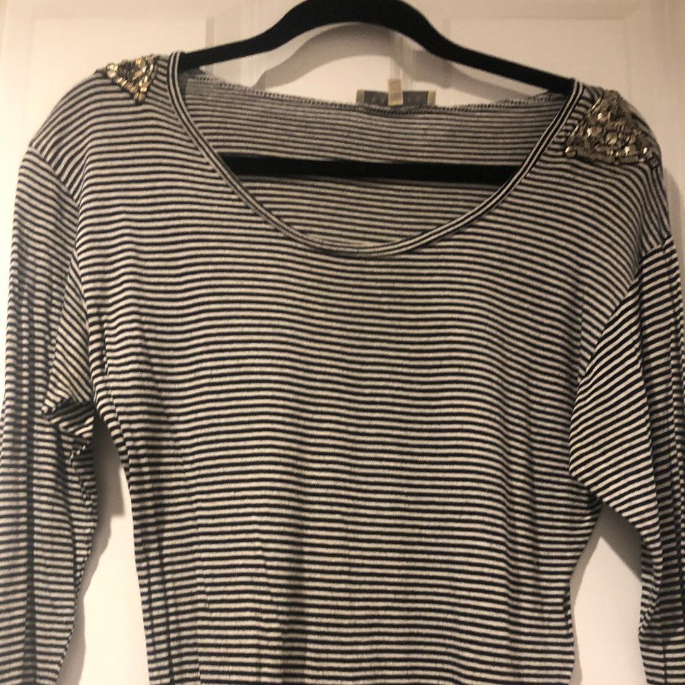 Sandro Black/White Striped Top with Beaded Detail